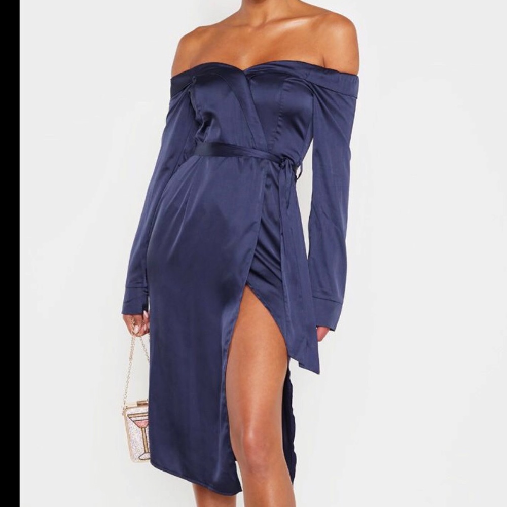 Satin Navy Blue Midi Dress